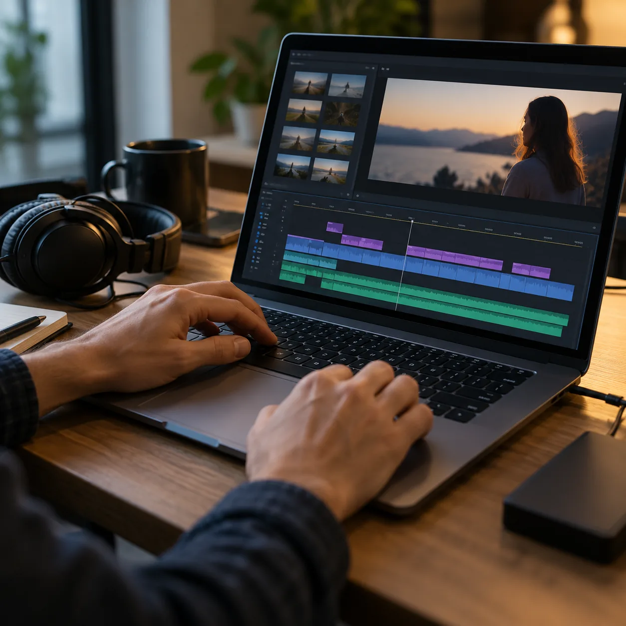 Manos sobre una notebook que muestra una línea de tiempo de edición con pistas de audio y, en el visor, una mujer frente a un lago al atardecer.
