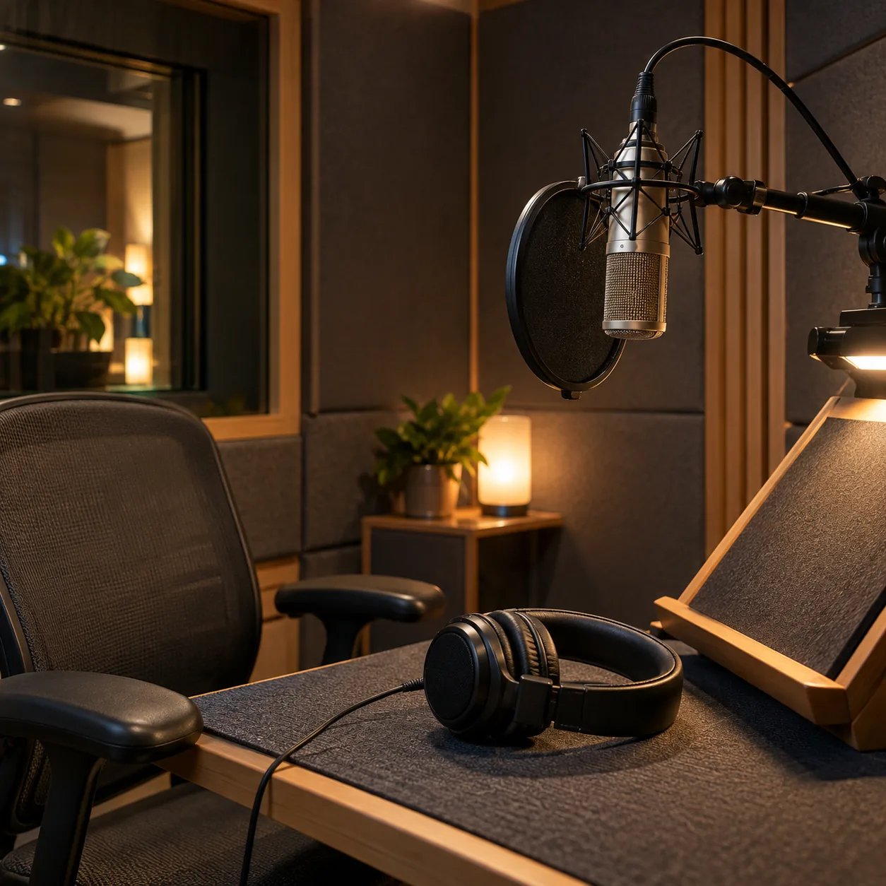 Cabina de grabación en penumbra: un micrófono de estudio con filtro antipop, auriculares sobre la mesa y un atril con luz cálida.